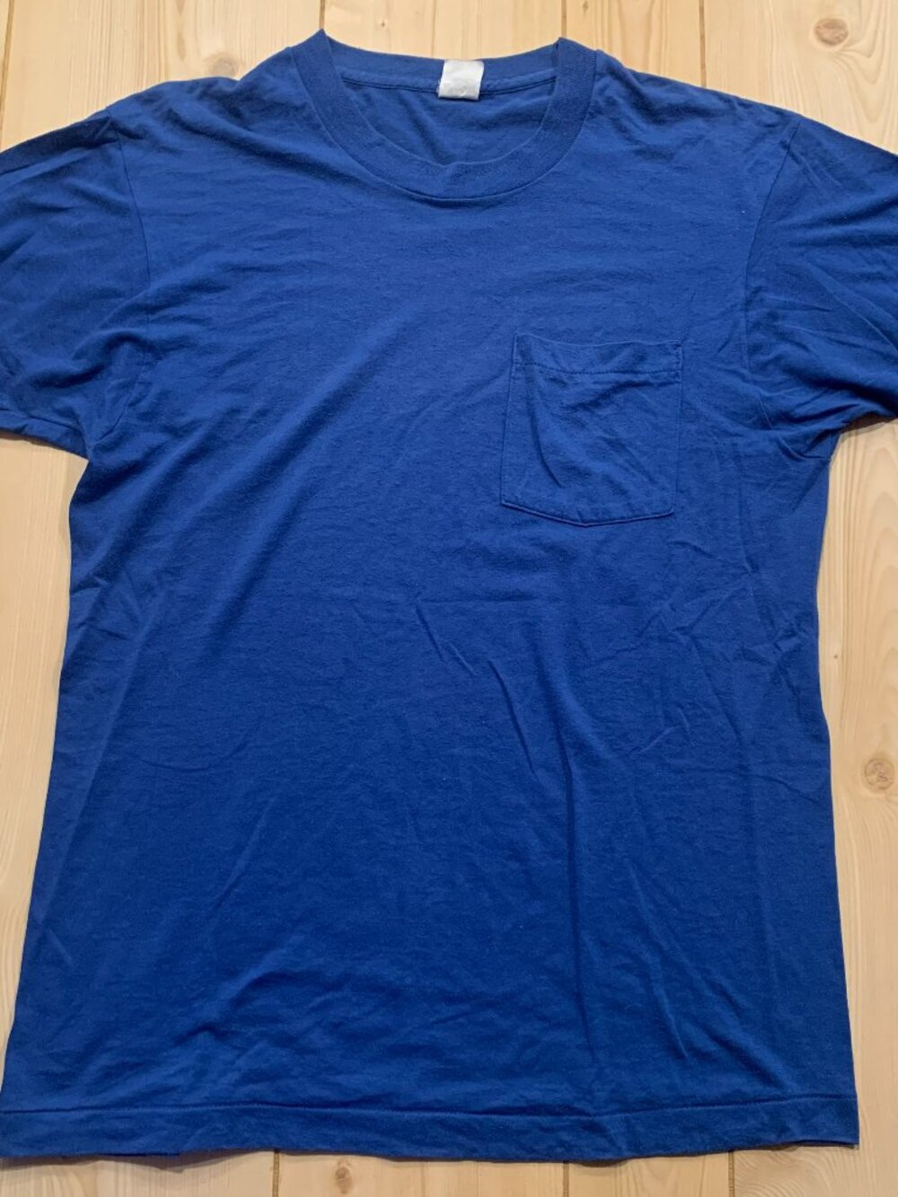 Vintage 80s Fruit of the Loom Single Stitch Retro Blank Blue Pocket T-Shirt XL